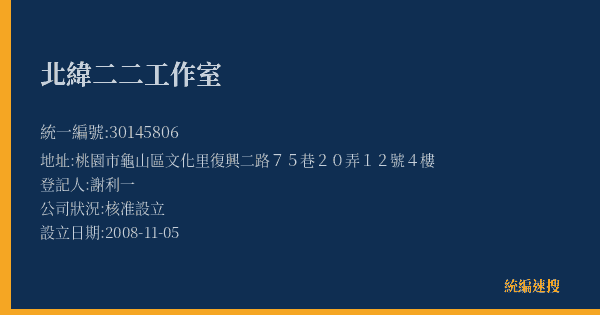 北緯二二工作室的照片-統編 30145806(桃園市) 公司登記資料與營業項目詳細圖表
