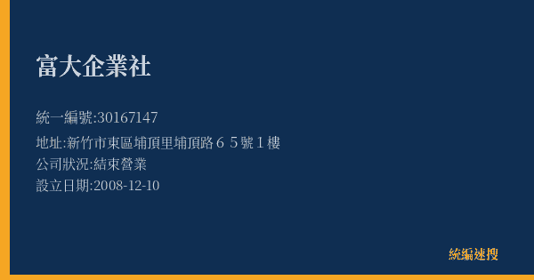 富大企業社的照片-統編 30167147(新竹市) 公司登記資料與營業項目詳細圖表