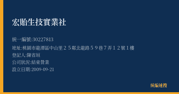 宏貽生技實業社的照片-統編 30227813(桃園市) 公司登記資料與營業項目詳細圖表