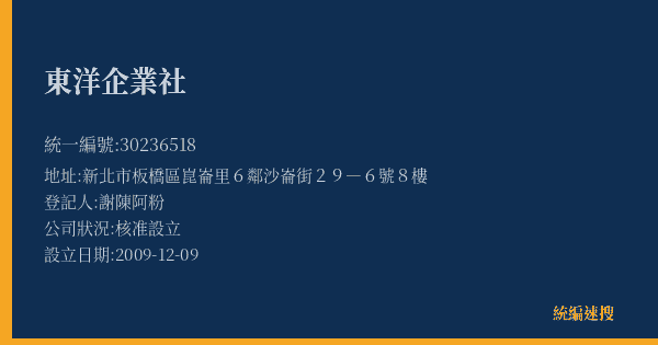 東洋企業社的照片-統編 30236518(新北市) 公司登記資料與營業項目詳細圖表