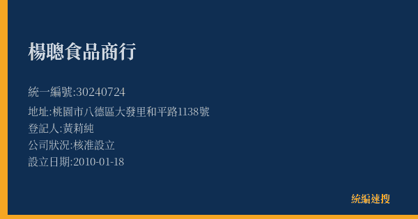 楊聰食品商行的照片-統編 30240724(桃園市) 公司登記資料與營業項目詳細圖表