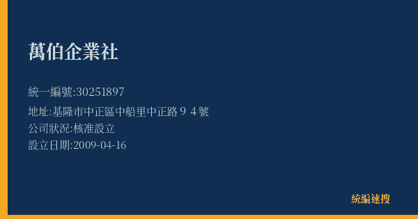 萬伯企業社的照片-統編 30251897(基隆市) 公司登記資料與營業項目詳細圖表