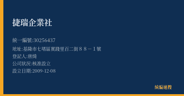 捷瑞企業社的照片-統編 30256437(基隆市) 公司登記資料與營業項目詳細圖表