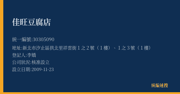 佳旺豆腐店的照片-統編 30305090(新北市) 公司登記資料與營業項目詳細圖表
