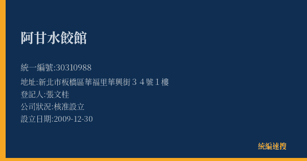 阿甘水餃館的照片-統編 30310988(新北市) 公司登記資料與營業項目詳細圖表