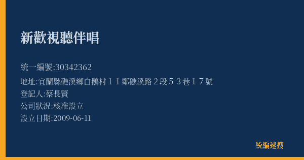 新歡視聽伴唱的照片-統編 30342362(宜蘭縣) 公司登記資料與營業項目詳細圖表