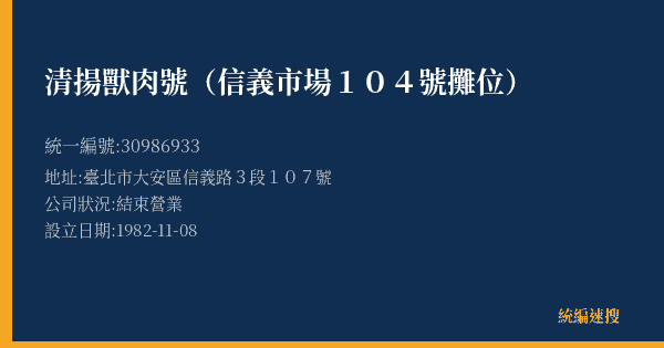 清揚獸肉號(信義市場104號攤位)的照片-統編 30986933(臺北市) 公司登記資料與營業項目詳細圖表