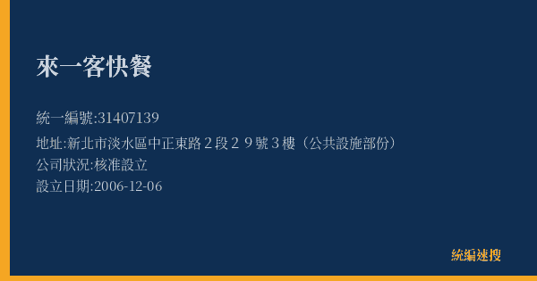 來一客快餐的照片-統編 31407139(新北市) 公司登記資料與營業項目詳細圖表