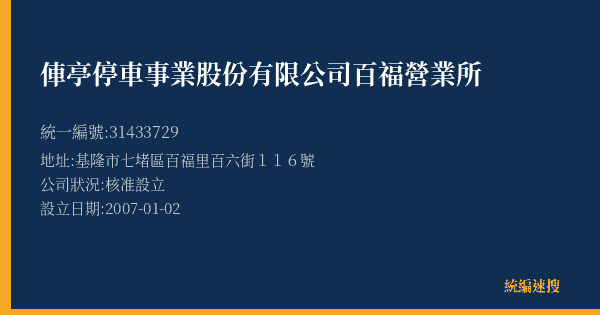 俥亭停車事業股份有限公司百福營業所的照片-統編 31433729(基隆市) 公司登記資料與營業項目詳細圖表