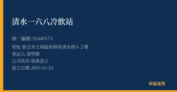 清水一六八冷飲站的照片-統編 31449573(新北市) 公司登記資料與營業項目詳細圖表
