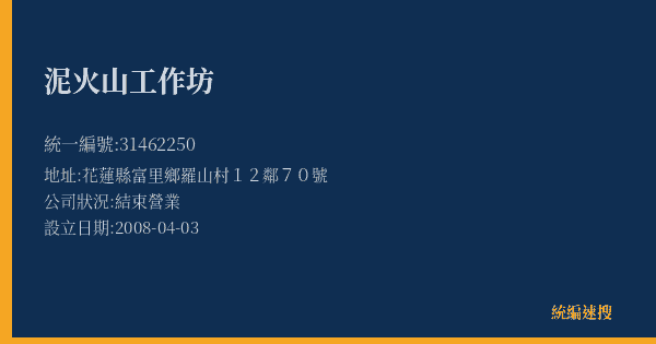 泥火山工作坊的照片-統編 31462250(花蓮縣) 公司登記資料與營業項目詳細圖表
