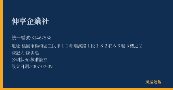 伸亨企業社的照片-統編 31467558(桃園市) 公司登記資料與營業項目詳細圖表