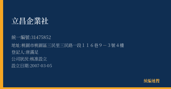 立昌企業社的照片-統編 31475852(桃園市) 公司登記資料與營業項目詳細圖表