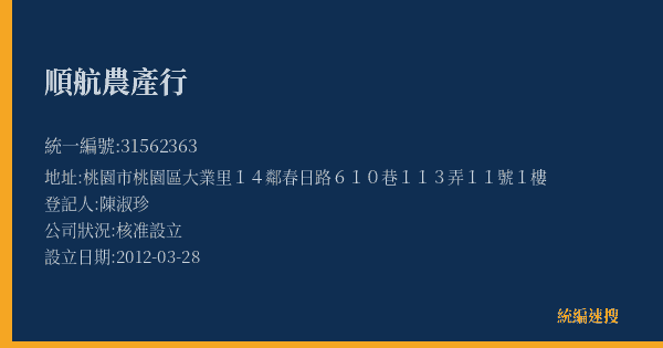 順航農產行的照片-統編 31562363(桃園市) 公司登記資料與營業項目詳細圖表