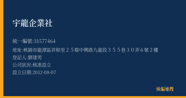 宇龍企業社的照片-統編 31577464(桃園市) 公司登記資料與營業項目詳細圖表