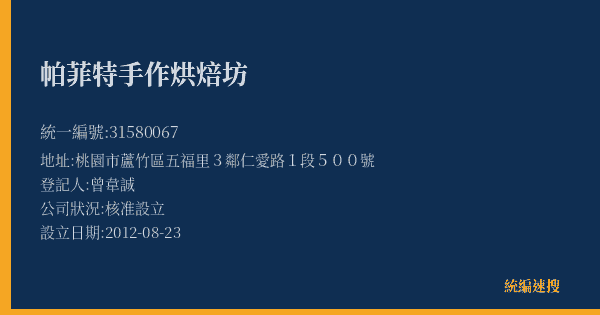 帕菲特手作烘焙坊的照片-統編 31580067(桃園市) 公司登記資料與營業項目詳細圖表