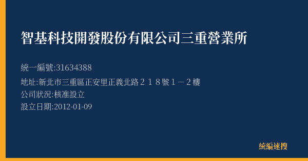 智基科技開發股份有限公司三重營業所的照片-統編 31634388(新北市) 公司登記資料與營業項目詳細圖表