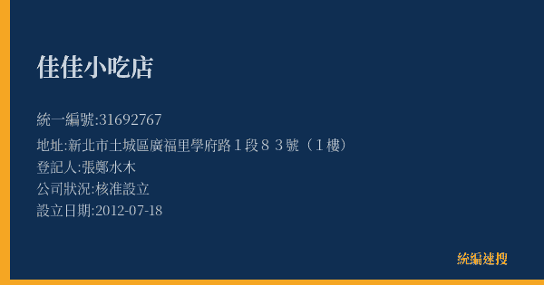 佳佳小吃店的照片-統編 31692767(新北市) 公司登記資料與營業項目詳細圖表