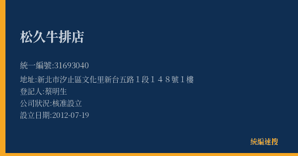 松久牛排店的照片-統編 31693040(新北市) 公司登記資料與營業項目詳細圖表