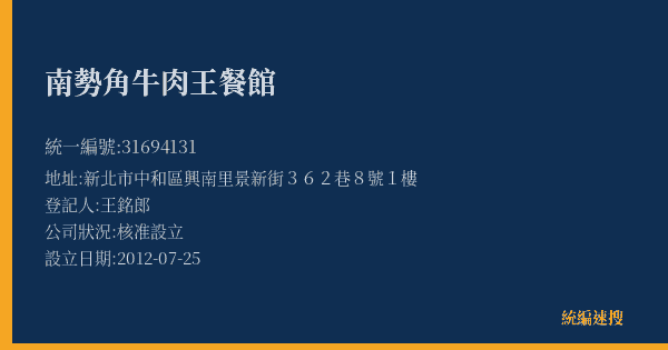 南勢角牛肉王餐館的照片-統編 31694131(新北市) 公司登記資料與營業項目詳細圖表