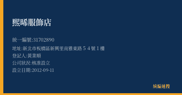 熙晞服飾店的照片-統編 31702890(新北市) 公司登記資料與營業項目詳細圖表