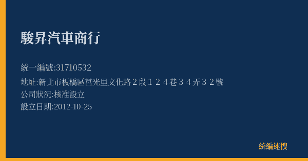 駿昇汽車商行的照片-統編 31710532(新北市) 公司登記資料與營業項目詳細圖表