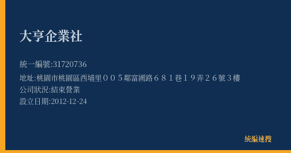 大亨企業社的照片-統編 31720736(桃園市) 公司登記資料與營業項目詳細圖表