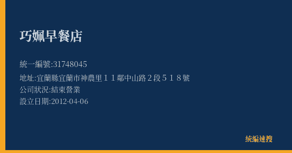 巧姵早餐店的照片-統編 31748045(宜蘭縣) 公司登記資料與營業項目詳細圖表