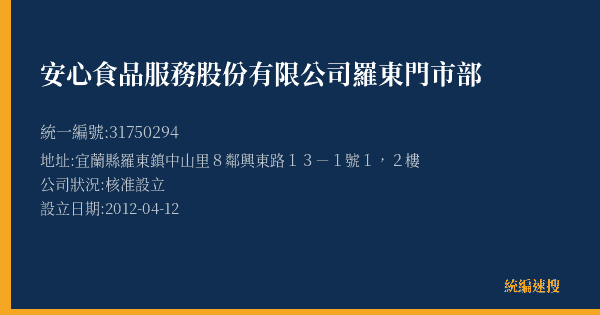 安心食品服務股份有限公司羅東門市部的照片-統編 31750294(宜蘭縣) 公司登記資料與營業項目詳細圖表