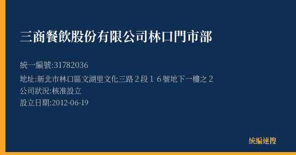 三商餐飲股份有限公司林口門市部的照片-統編 31782036(新北市) 公司登記資料與營業項目詳細圖表