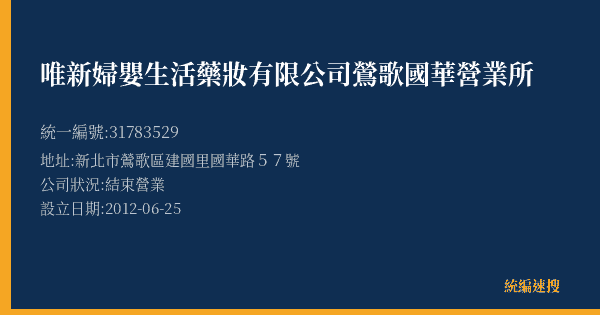 唯新婦嬰生活藥妝有限公司鶯歌國華營業所的照片-統編 31783529(新北市) 公司登記資料與營業項目詳細圖表