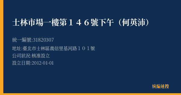 士林市場一樓第146號下午(何英沛)的照片-統編 31820307(臺北市) 公司登記資料與營業項目詳細圖表