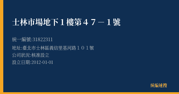 士林市場地下1樓第47-1號的照片-統編 31822311(臺北市) 公司登記資料與營業項目詳細圖表