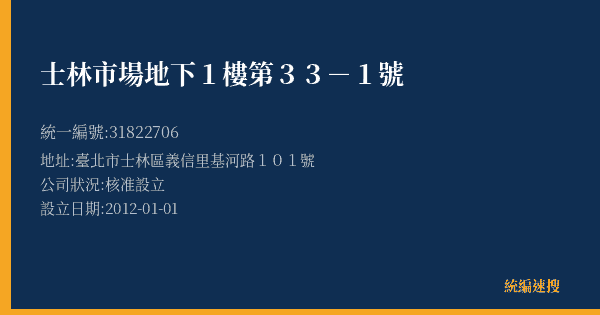 士林市場地下1樓第33-1號的照片-統編 31822706(臺北市) 公司登記資料與營業項目詳細圖表