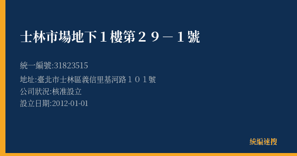 士林市場地下1樓第29-1號的照片-統編 31823515(臺北市) 公司登記資料與營業項目詳細圖表