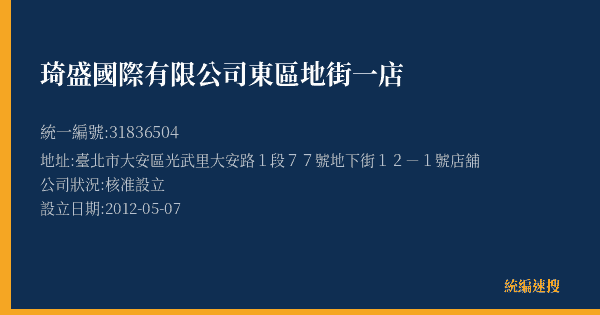 琦盛國際有限公司東區地街一店的照片-統編 31836504(臺北市) 公司登記資料與營業項目詳細圖表