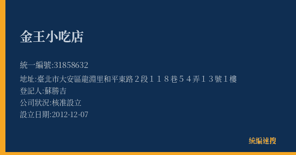 金王小吃店的照片-統編 31858632(臺北市) 公司登記資料與營業項目詳細圖表
