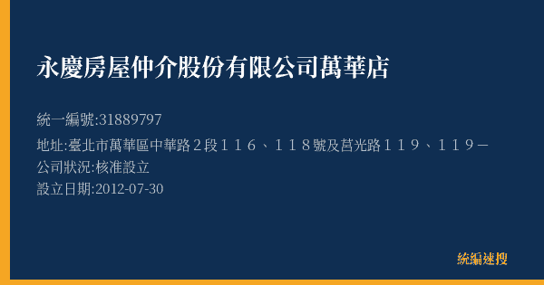 永慶房屋仲介股份有限公司萬華店的照片-統編 31889797(臺北市) 公司登記資料與營業項目詳細圖表