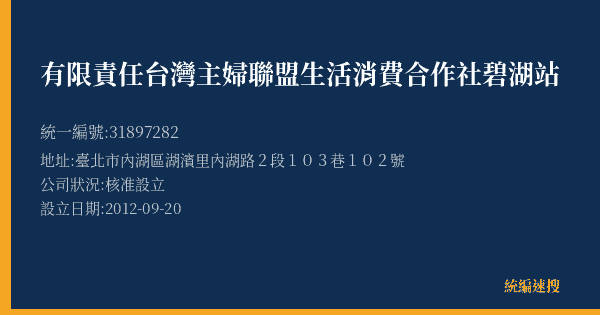 有限責任台灣主婦聯盟生活消費合作社碧湖站的照片-統編 31897282(臺北市) 公司登記資料與營業項目詳細圖表