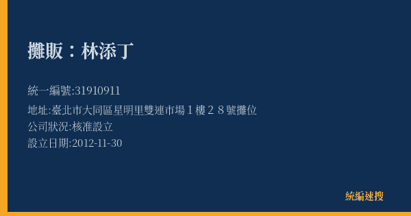 攤販:林添丁的照片-統編 31910911(臺北市) 公司登記資料與營業項目詳細圖表