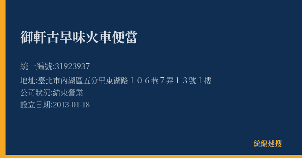 御軒古早味火車便當的照片-統編 31923937(臺北市) 公司登記資料與營業項目詳細圖表