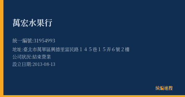 萬宏水果行的照片-統編 31954993(臺北市) 公司登記資料與營業項目詳細圖表