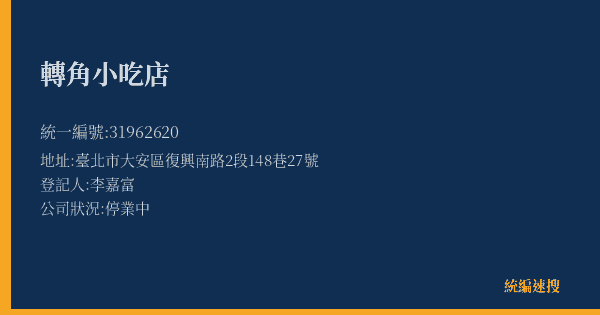 轉角小吃店的照片-統編 31962620(臺北市) 公司登記資料與營業項目詳細圖表
