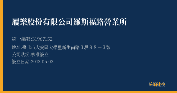 履樂股份有限公司羅斯福路營業所的照片-統編 31967152(臺北市) 公司登記資料與營業項目詳細圖表