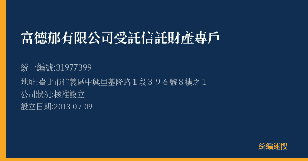 富德郁有限公司受託信託財產專戶的照片-統編 31977399(臺北市) 公司登記資料與營業項目詳細圖表