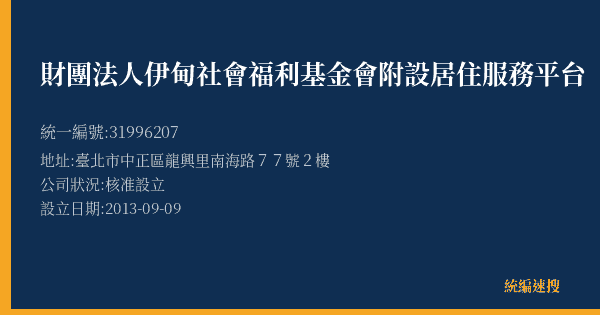 財團法人伊甸社會福利基金會附設居住服務平台的照片-統編 31996207(臺北市) 公司登記資料與營業項目詳細圖表