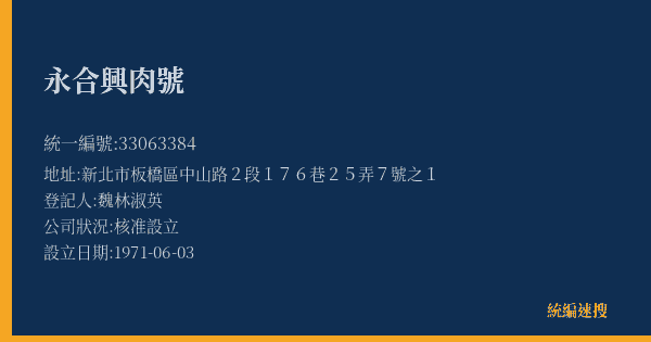 永合興肉號的照片-統編 33063384(新北市) 公司登記資料與營業項目詳細圖表
