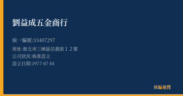 劉益成五金商行的照片-統編 33407297(新北市) 公司登記資料與營業項目詳細圖表