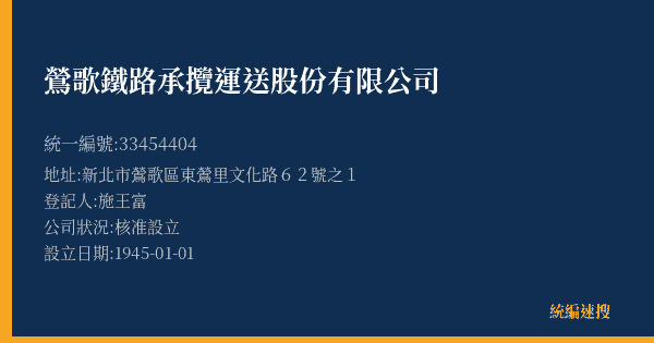 鶯歌鐵路承攬運送股份有限公司的照片-統編 33454404(新北市) 公司登記資料與營業項目詳細圖表