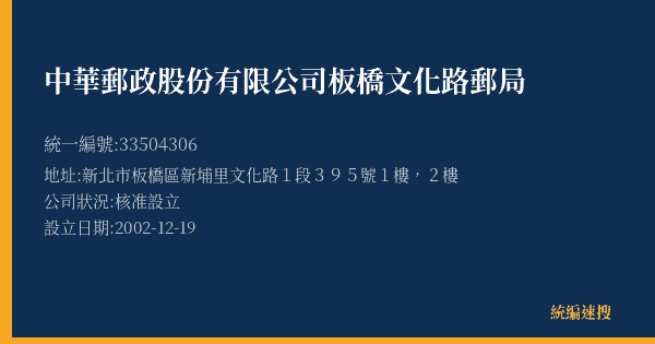 中華郵政股份有限公司板橋文化路郵局的照片-統編 33504306(新北市) 公司登記資料與營業項目詳細圖表